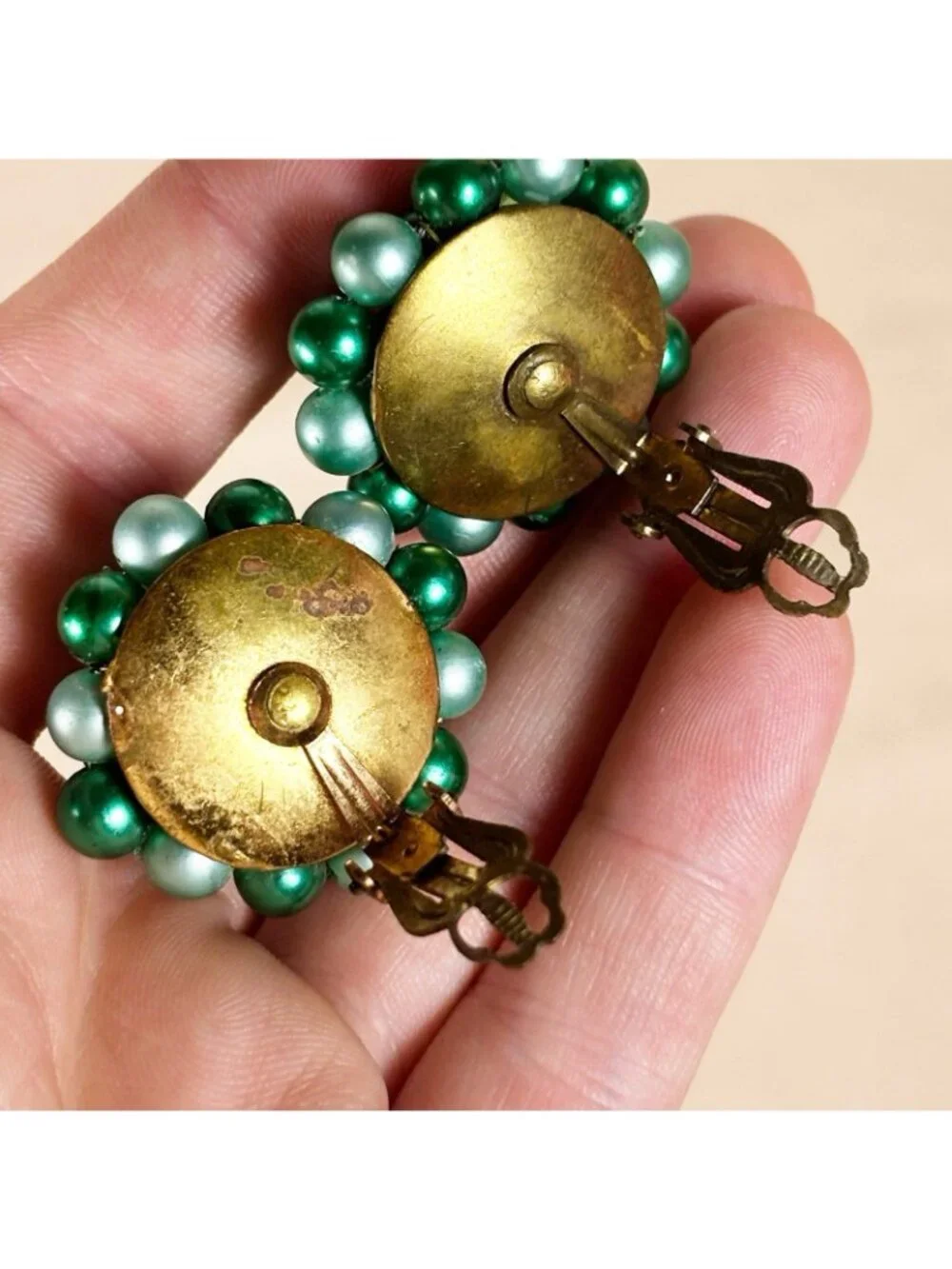 Vintage Japan Signed Green Sugar Bead Faux Pearl Clip On Statement Earrings A8